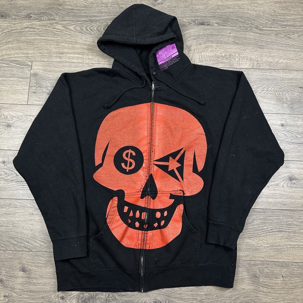 Vintage‎ Y2K Atmosphere Skull Sweatshirt Adult XL Black Full Zip Hoodie Make War
